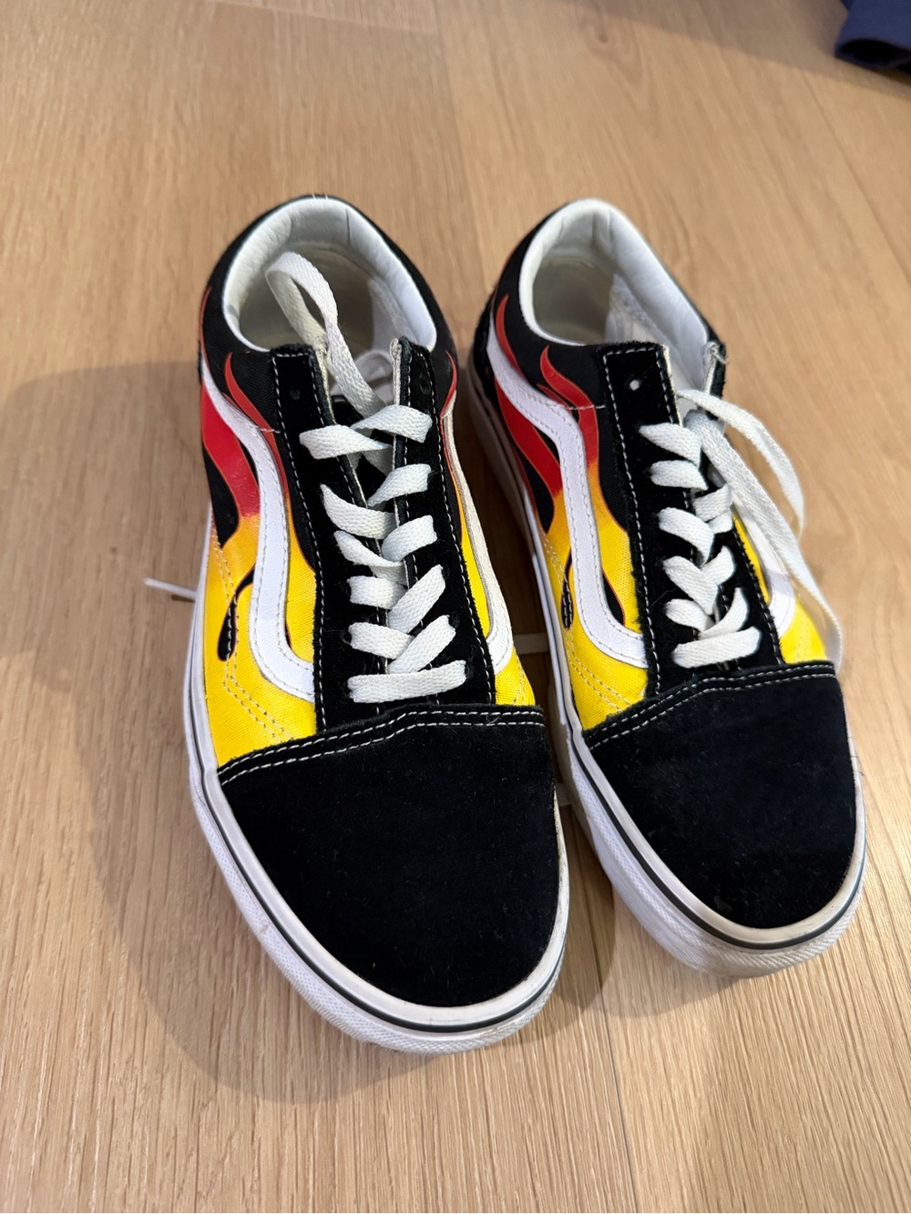 Vans Black Sneakers with Yellow & Red Flame Design